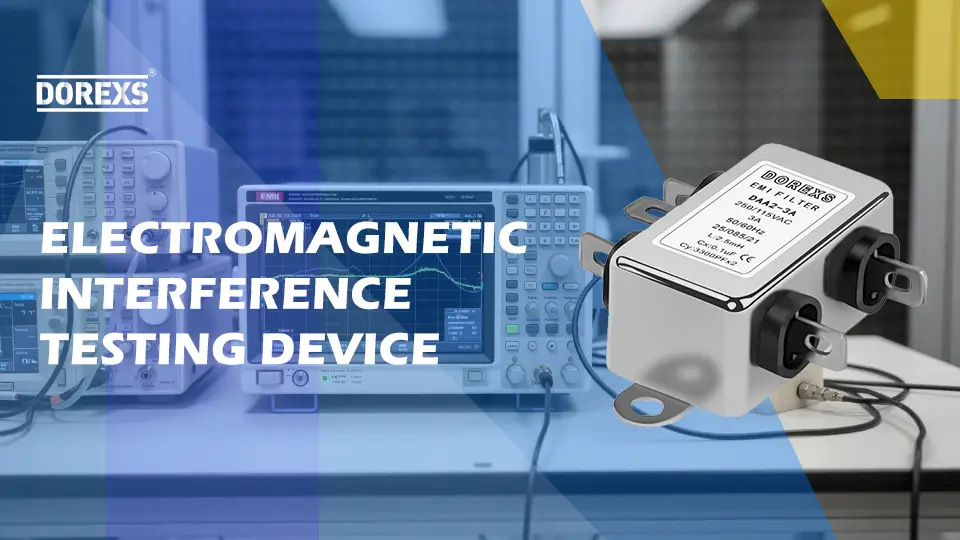 an EMI testing setup featuring a spectrum analyzer alongside various imaging equipment being evaluated for electromagnetic interference. 